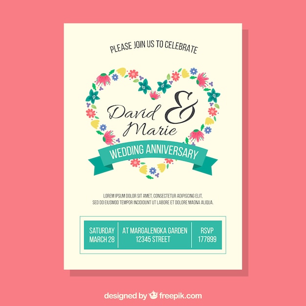 Vecteur gratuit carte d'anniversaire de mariage avec coeur de fleurs