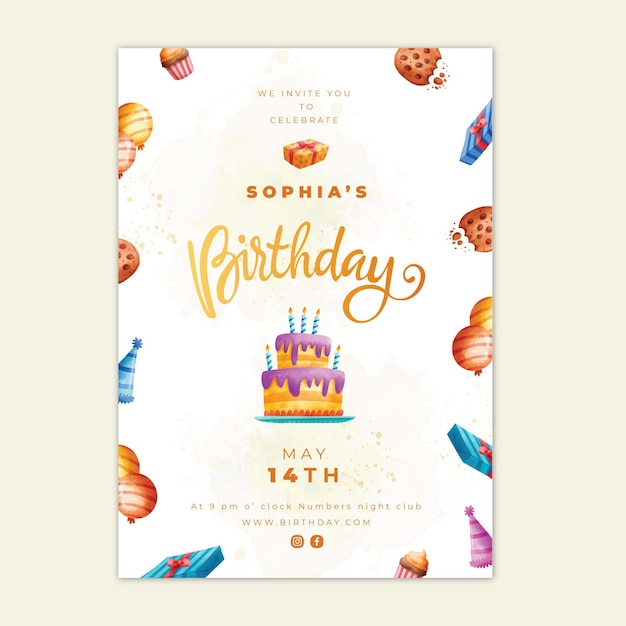 Vecteur gratuit carte d'anniversaire avec modèle de gâteau