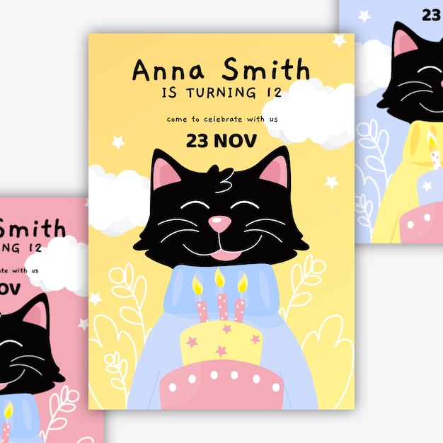 Vecteur gratuit carte d'anniversaire pour enfants avec chaton noir