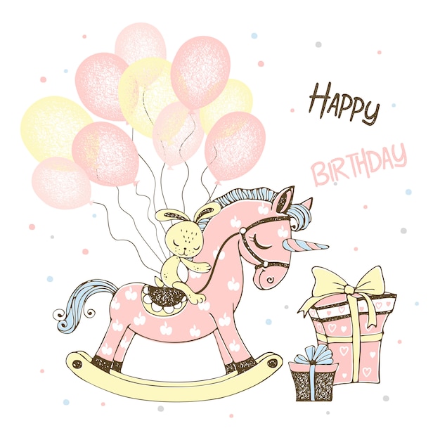 Carte D Anniversaire Pour Une Fille Avec Un Cheval Jouet Licorne Et Des Ballons Et Des Cadeaux Vecteur Premium Carte D Anniversaire Pour Une Fille Avec Un Cheval Jouet Licorne Et Des Ballons Et Des Cadeaux Vecteur Premium