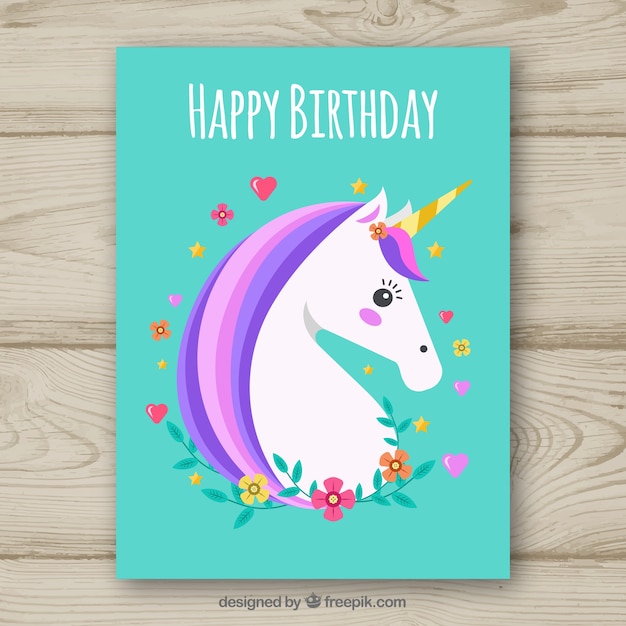 Vecteur gratuit carte d'anniversaire turquoise avec une licorne