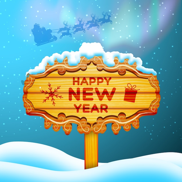Vecteur gratuit carte de bonne année avec panneau en bois sur illustration vectorielle plane neige