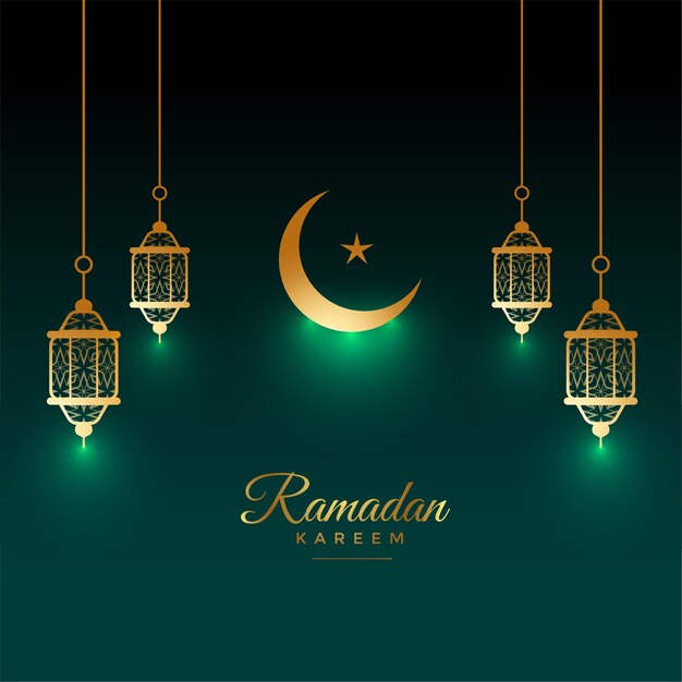 Vecteur gratuit carte brillante eid ramadan kareem avec décoration lampe et lune