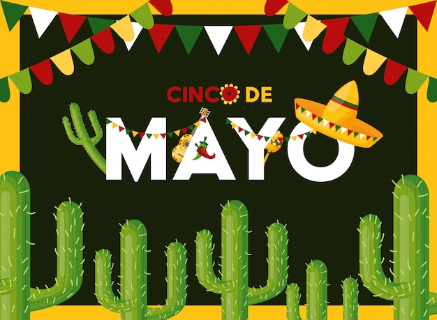 Carte De Cinco De Mayo Avec Cactus, Illustration Du Mexique