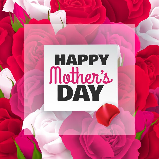 Carte colorée de la fête des mères avec des roses blanches rouges et une illustration de la fête des mères heureuse
