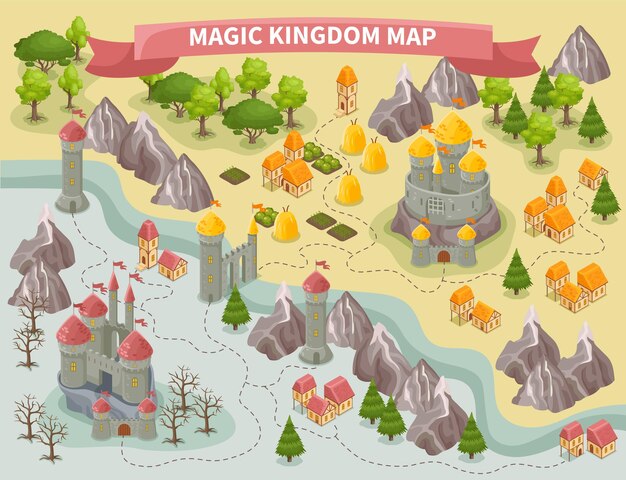 Carte colorée isométrique du royaume magique avec des châteaux