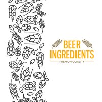 Carte de conception élégante avec des images à gauche du texte jaune ingrédients de bière de fleurs, brindille de houblon, fleur, malt