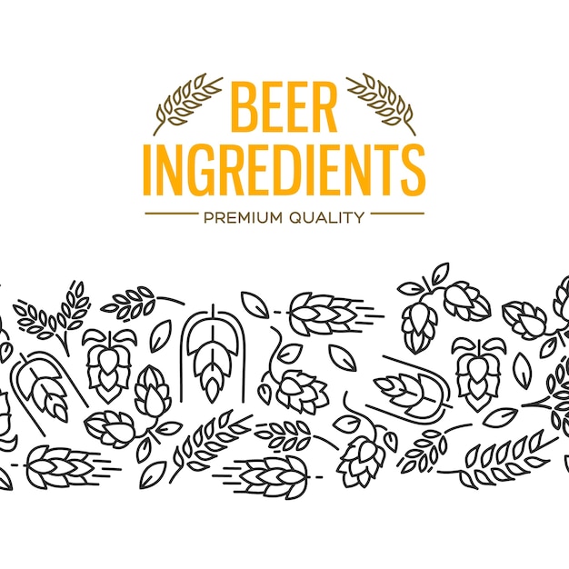 Vecteur gratuit carte de conception d'ingrédients de bière avec des images sous le texte jaune et répétition de fleurs, brindille de houblon, fleur, malt