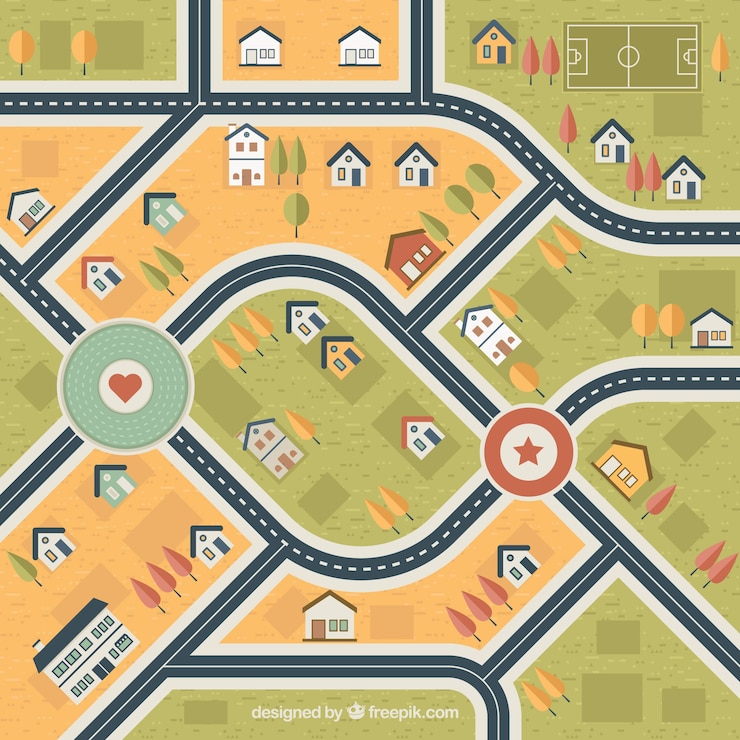 Vecteur gratuit carte décorative de la ville avec des maisons et des arbres