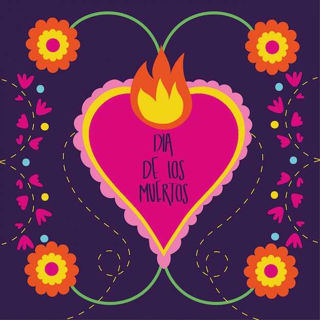 Carte Dia De Muertos Avec Coeur Flamme Et Fleurs