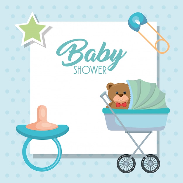 carte de douche de bébé avec ours en peluche dans le panier