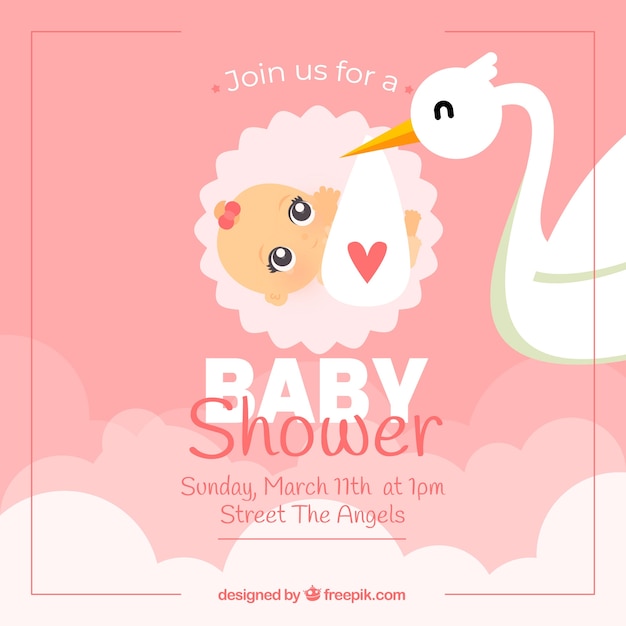 Vecteur gratuit carte de douche de bébé rose avec cigogne