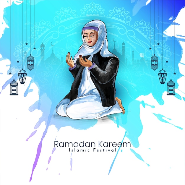 Vecteur gratuit carte du festival ramadan kareem avec une femme musulmane offrant namaz à allah