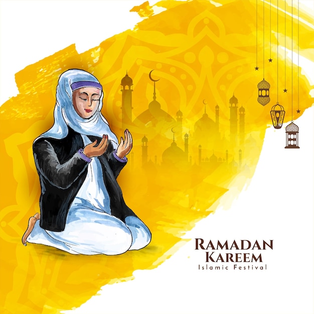 Carte Du Festival Ramadan Kareem Avec Une Femme Musulmane Offrant Namaz à Allah