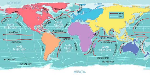 Vecteur gratuit la carte du monde des courants océaniques avec des noms