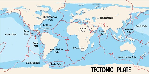 Carte du monde montrant les limites des plaques tectoniques