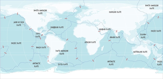 Carte du monde montrant les limites des plaques tectoniques