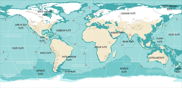 Carte du monde montrant les limites des plaques tectoniques