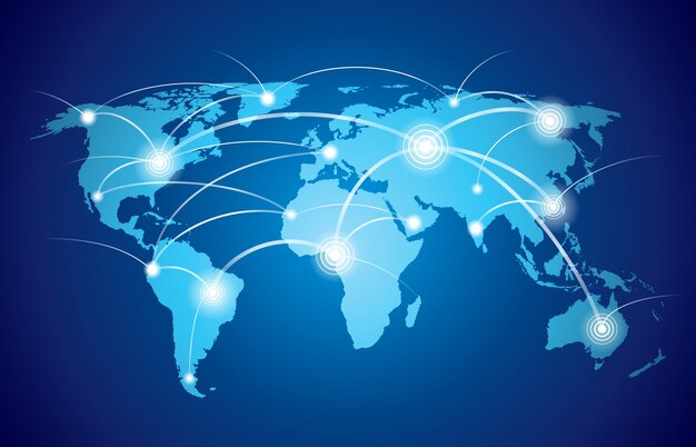 Carte du monde avec technologie mondiale ou réseau de connexion sociale avec des nœuds et des liens illustration vectorielle