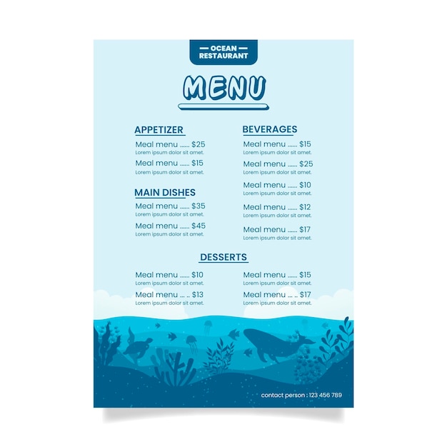 Vecteur gratuit carte du restaurant blue ocean