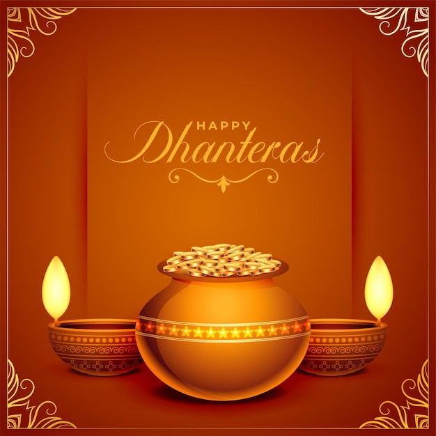 Vecteur gratuit carte de festival joyeux dhanteras avec pot de pièce d'or et vecteur de diya d'huile