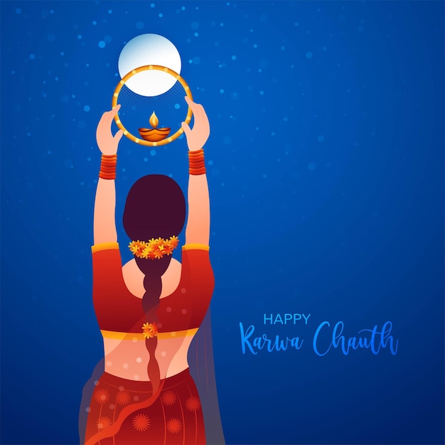 Vecteur gratuit carte de festival de karwa chauth avec fond de célébration de femme indienne