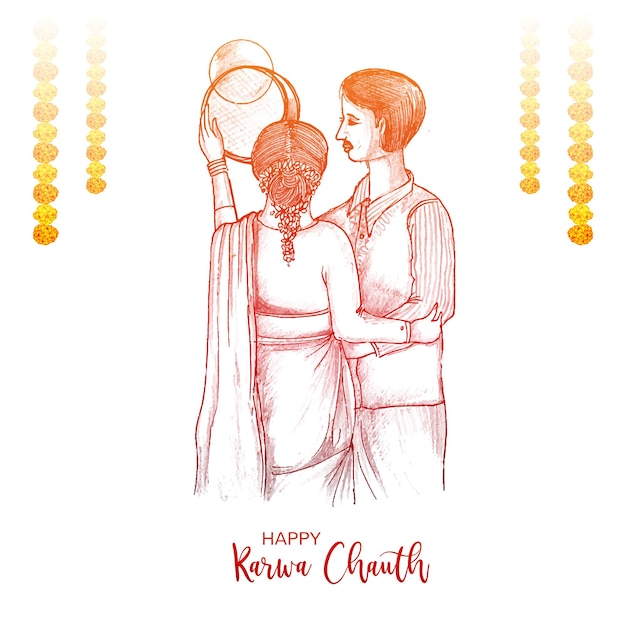 Vecteur gratuit carte de festival de karwa chauth avec fond de croquis de copule indienne