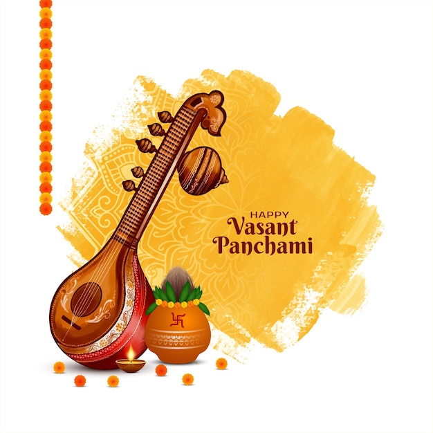 Vecteur gratuit une carte de fête indienne élégante happy vasant panchami avec une illustration de veena