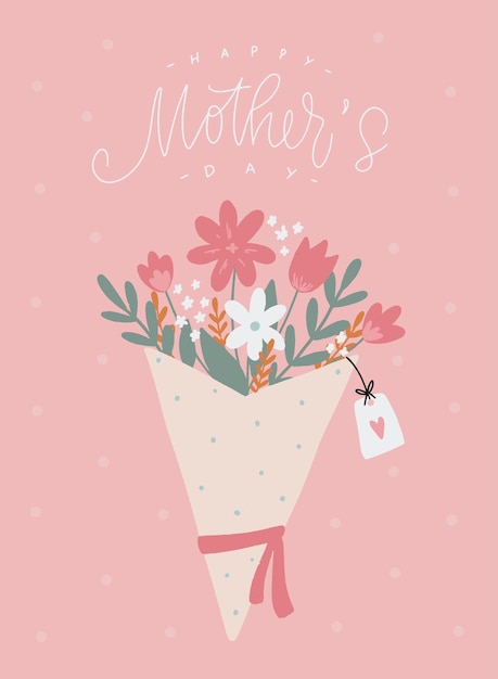 Carte De Fete Des Meres Avec Bouquet De Fleurs Et Citation Vecteur Premium