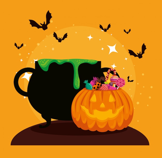 Carte d'Halloween avec chaudron et potiron