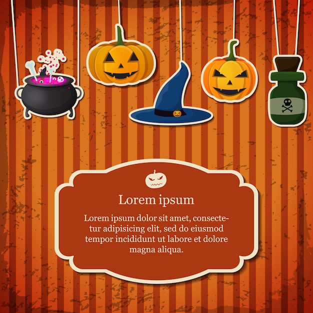 Carte D'halloween Festive Avec Texte Dans Le Cadre Suspendu Bouteille De Poison De Chaudron De Chapeau De Sorcière