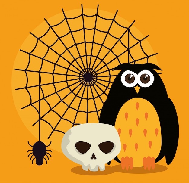 Vecteur gratuit carte d'halloween avec toile d'araignée et hibou