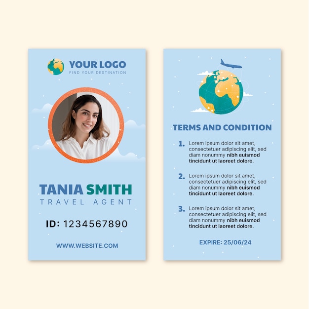 Vecteur gratuit carte d'identité d'agence de voyage à texture dégradée
