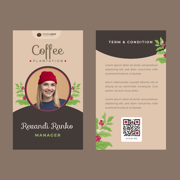 Carte d'identité de plantation de café dessinée à la main avec des feuilles