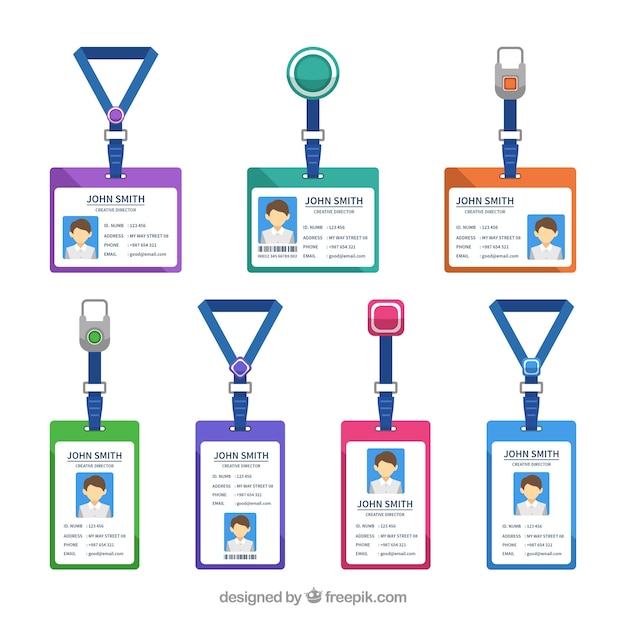 Vecteur gratuit carte d'identité plate avec collection fermoirs et cordons