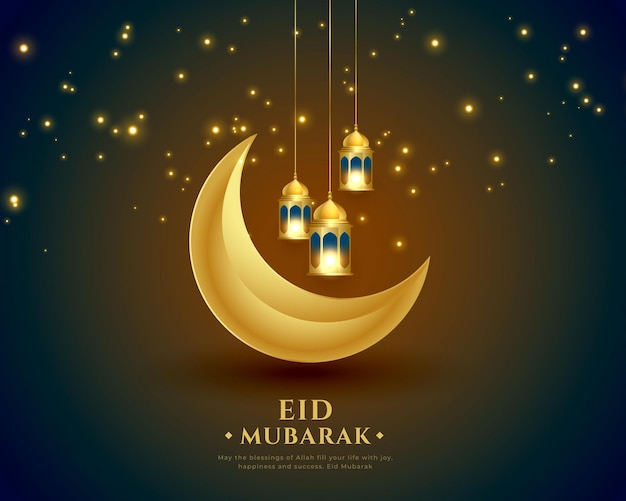 Vecteur gratuit carte d'invitation eid mubarak brillante avec croissant 3d et lampe