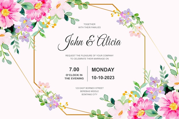 Carte d'invitation de mariage avec aquarelle florale rose