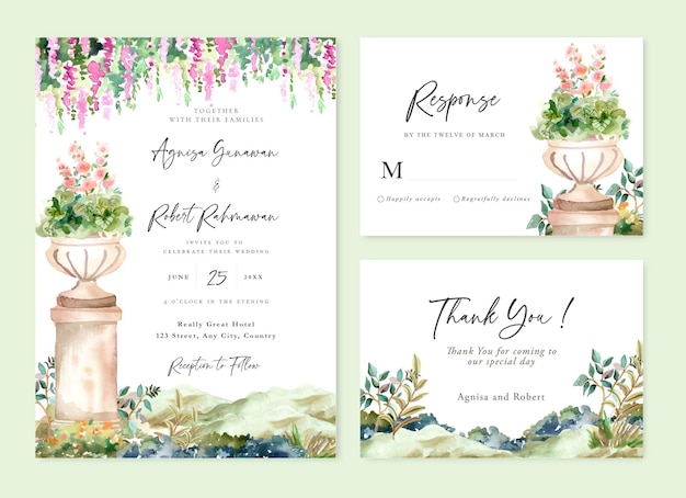 Vecteur gratuit carte d'invitation de mariage à l'aquarelle avec des urnes florales romantiques et des saules