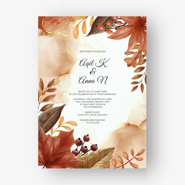 Vecteur gratuit carte d'invitation de mariage automne automne feuilles et baies