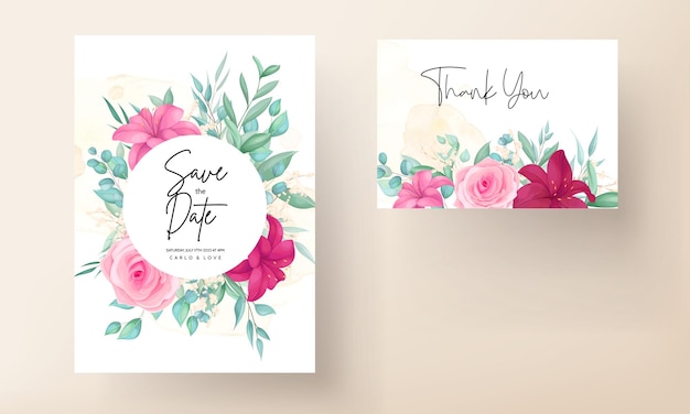 Vecteur gratuit carte d'invitation de mariage avec un beau lys en fleurs et une fleur rose
