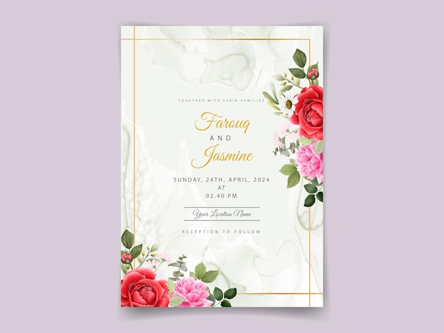 Carte d'invitation de mariage de belles roses rouges et roses