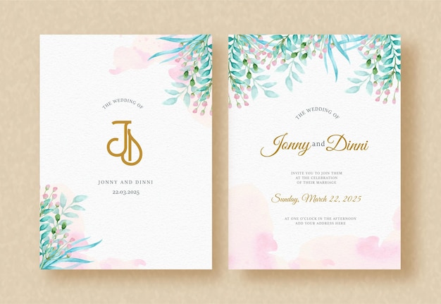 Vecteur gratuit carte d'invitation de mariage avec des fleurs vertes arrière-plan à l'aquarelle et éclaboussure