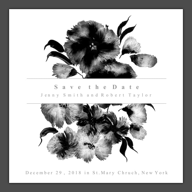Carte d&#39;invitation de mariage floral noir et blanc aquarelle
