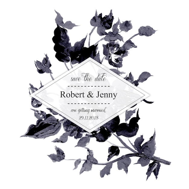 Carte D'invitation De Mariage Floral Noir Et Blanc Aquarelle