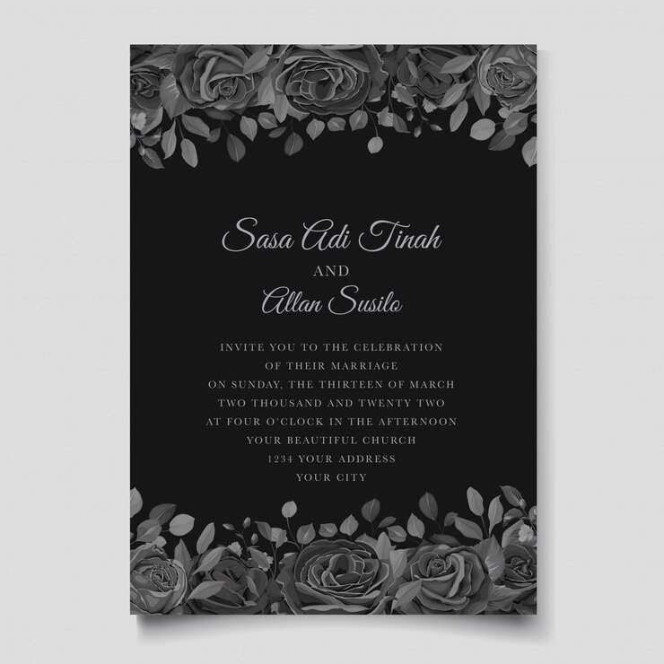 Vecteur gratuit carte d'invitation de mariage magnifique avec une couronne florale noire