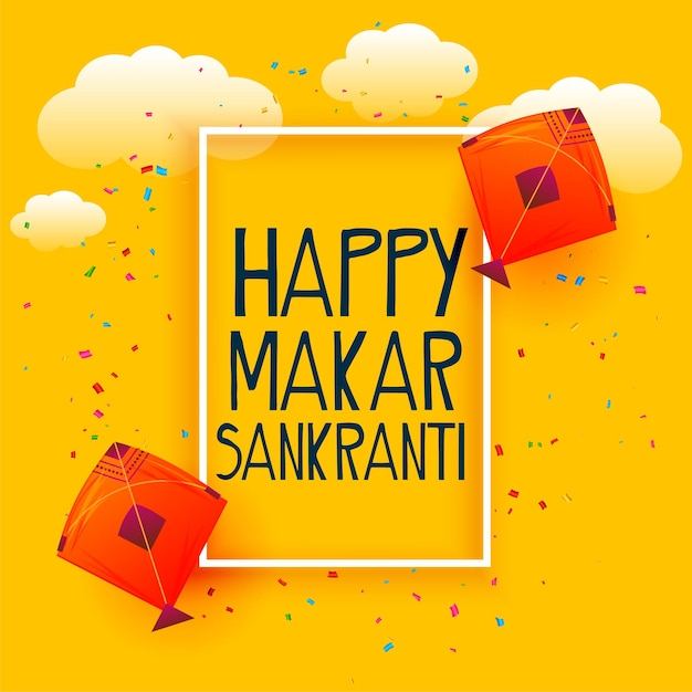 Vecteur gratuit carte jaune makar sankranti heureux avec des nuages et des cerfs-volants