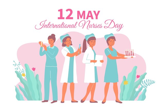 Carte de la journée internationale des infirmières avec des femmes en tenue médicale au travail