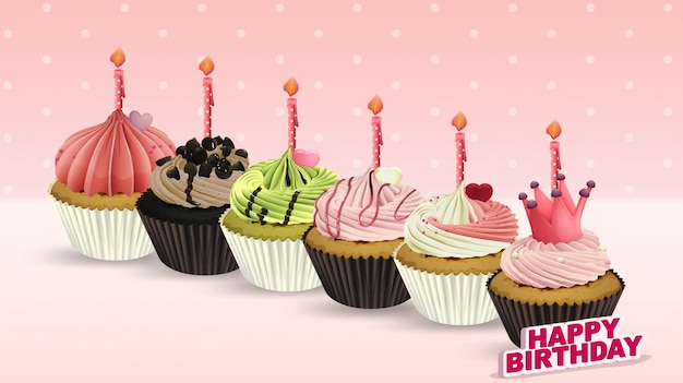 Vecteur gratuit carte de joyeux anniversaire avec cupcakes et bougies