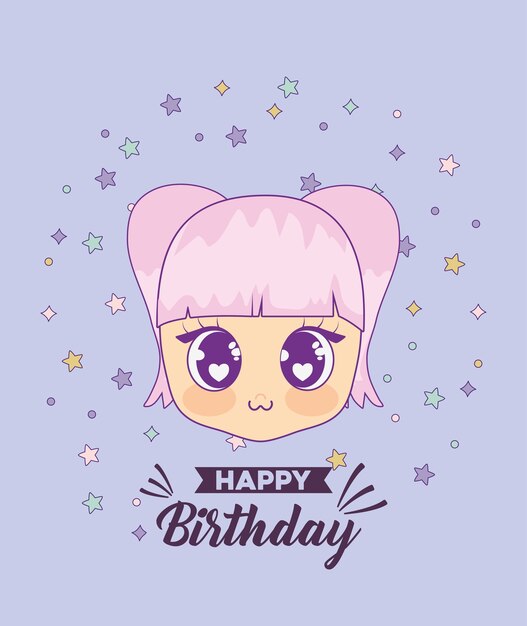 Carte De Joyeux Anniversaire Avec Fille Kawaii Vecteur Premium