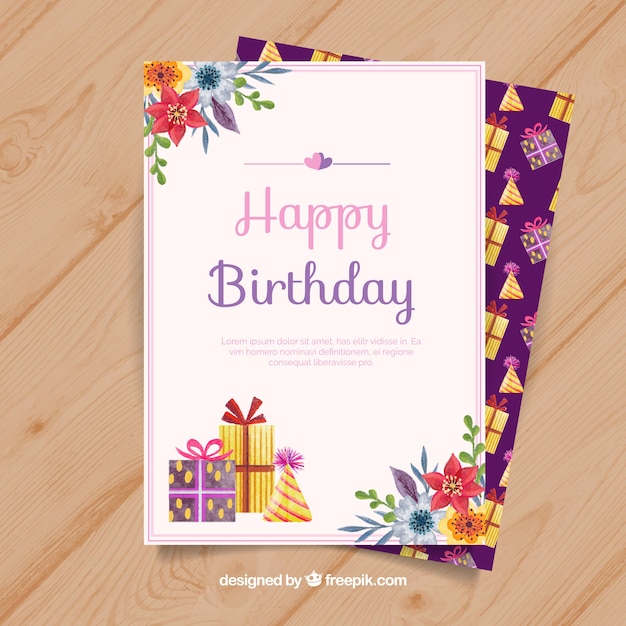 Vecteur gratuit carte de joyeux anniversaire avec des fleurs et des cadeaux dans un style aquarelle